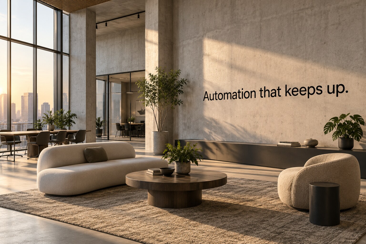 Sunlit operations studio with the words Automation that keeps up on the wall