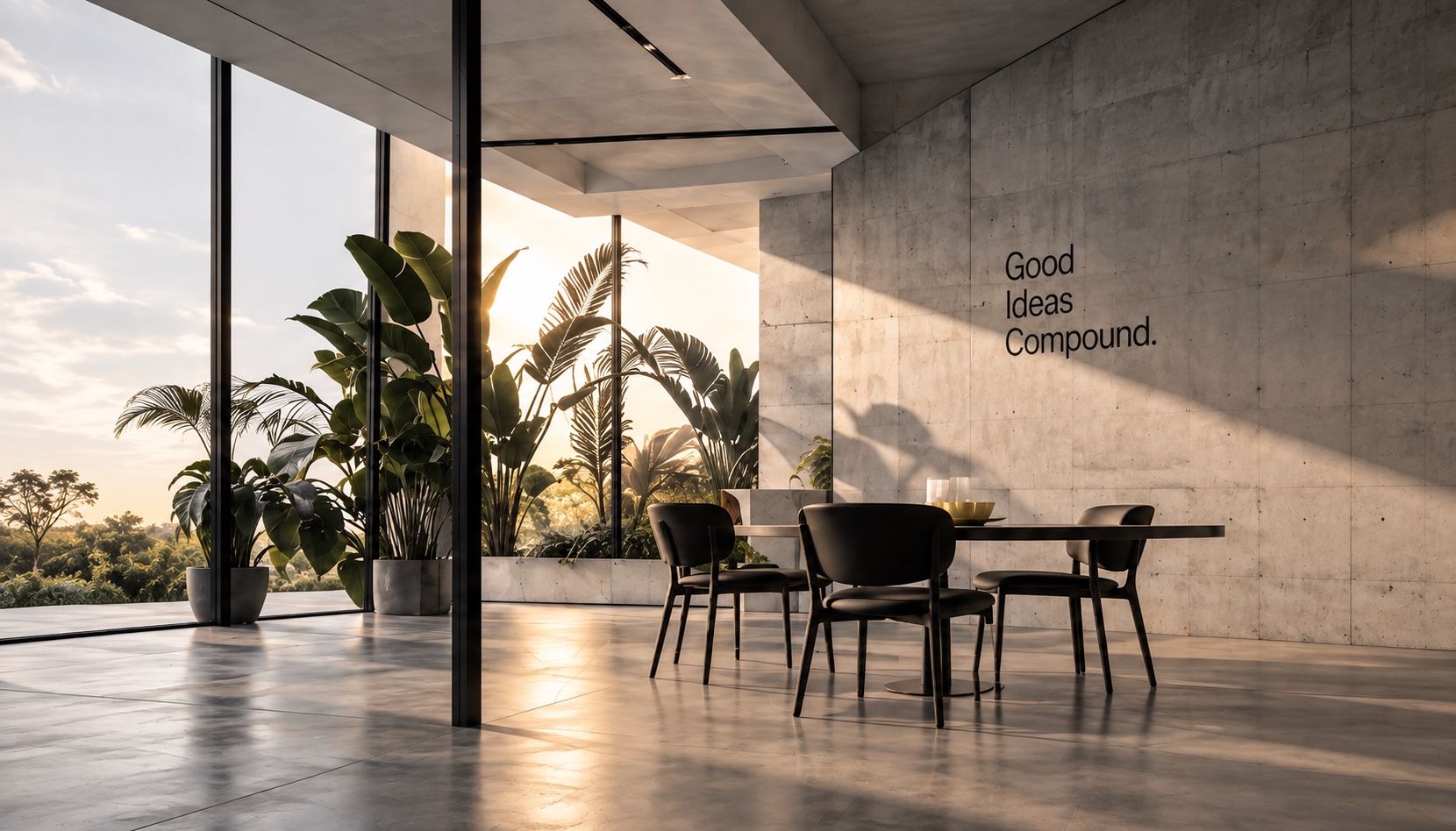 Sunlit lounge with plants and the words Good Ideas Compound on a concrete wall