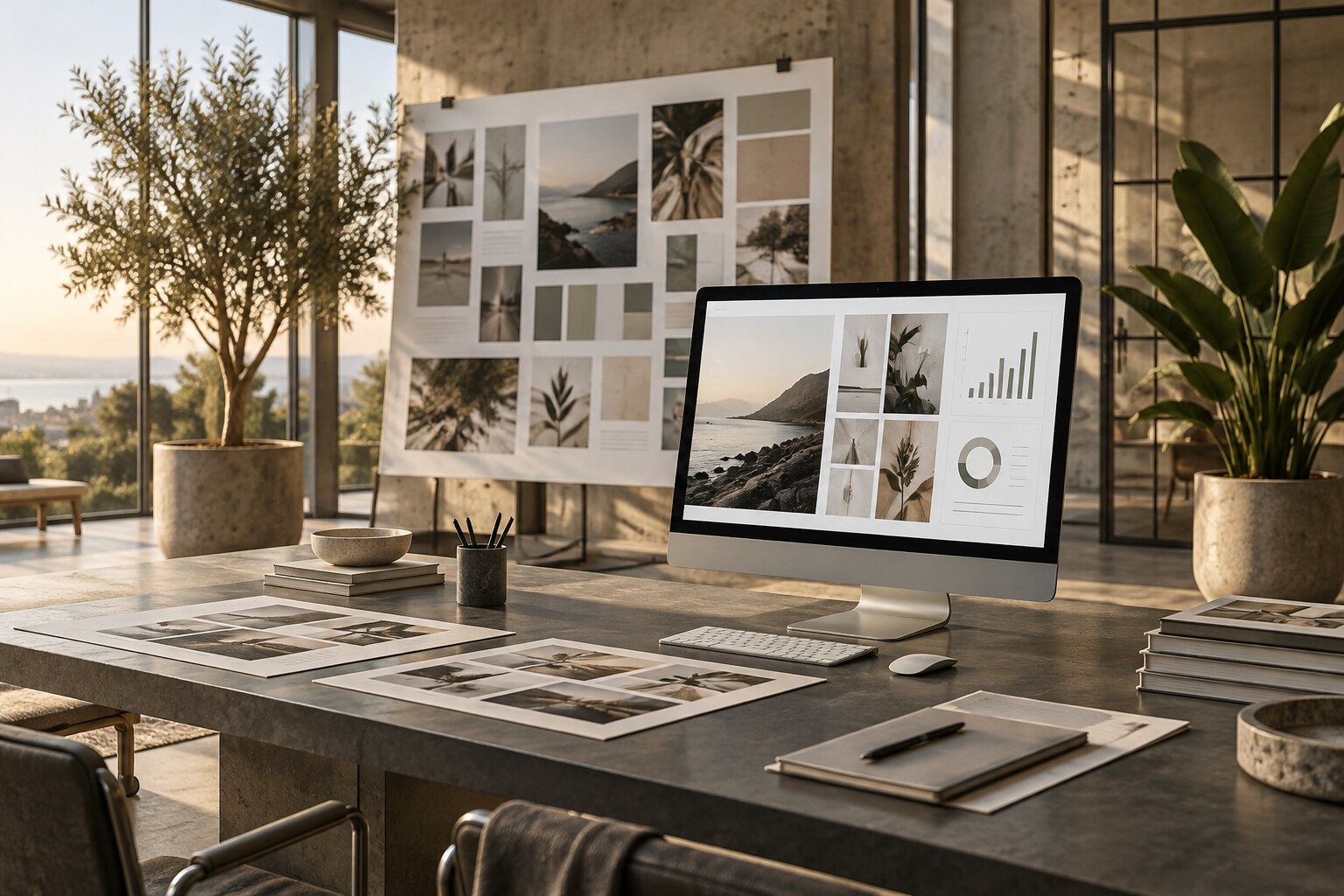 Creative production studio with campaign layouts and performance visuals